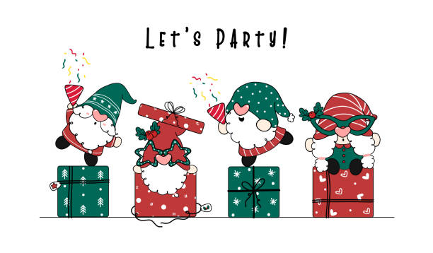 illustrazioni stock, clip art, cartoni animati e icone di tendenza di gruppo di simpatico e divertente gnomo in costume rosso e verde di babbo natale facendo festa su scatole regalo, natale e felice anno nuovo, cartone animato doodle disegnato a mano - pianta nana