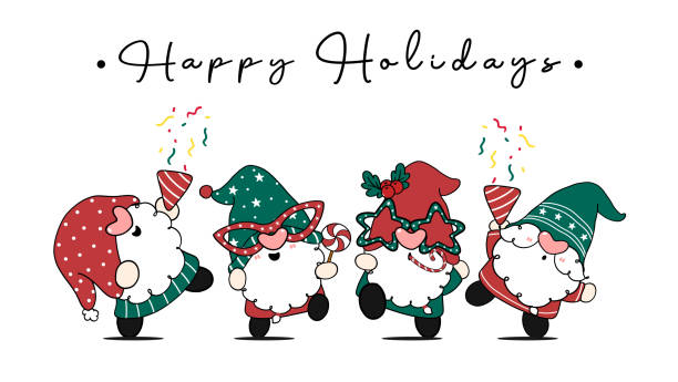 gruppe von vier glücklichen süßen weihnachtszwergen im party-thema, happy holidays, cartoon handgezeichnet doodle flach vektor - weihnachten lustig stock-grafiken, -clipart, -cartoons und -symbole