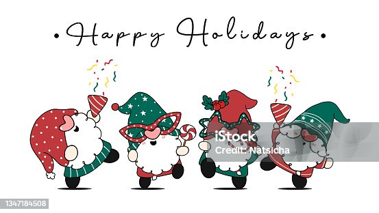 istock Group of four happy cute Christmas gnomes in party theme, Happy Holidays, cartoon hand drawn doodle flat vector 1347184508