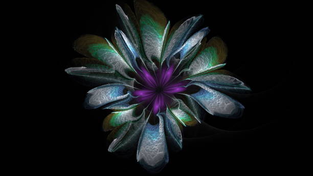 istock Beautiful abstract 3d colored flower, glowing flower petals on a black background. 3d render 1347185284