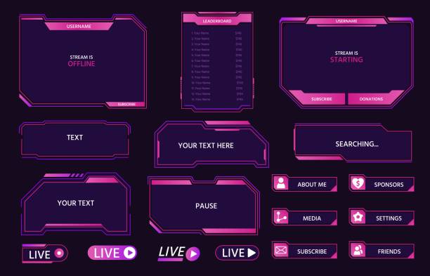 Live stream interface overlay frames for gamer broadcast. Cyber hud screen, panels, buttons and icons design for game streaming vector set vector art illustration