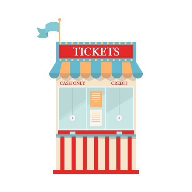 Carnival information ticket booth isolated on white background. Vector fun fair office with windows. Carnival information ticket booth isolated on white background. Vector fun fair office with windows. Cartoon illustration admit stock illustrations