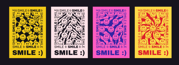 ilustraciones, imágenes clip art, dibujos animados e iconos de stock de póster hippie de cool smile. cartel con happy emoticon face. composición estética de los años 90. ilustración psicodélica ácida. - lsd