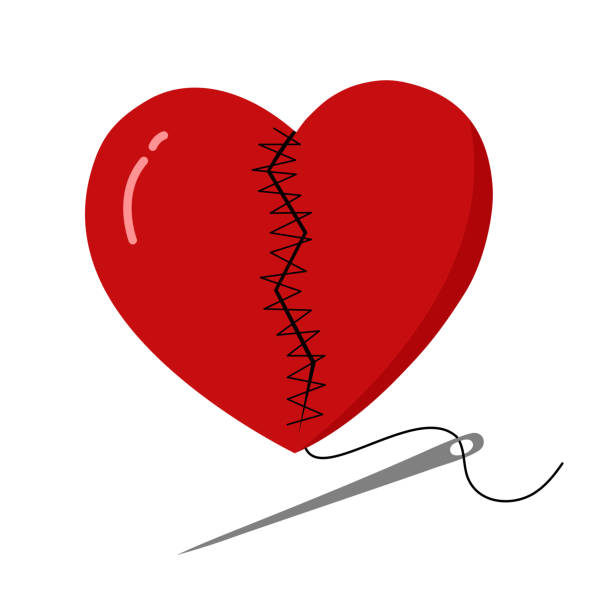 istock Red heart with sewing needle in flat design on white background. Fixing broken heart pieces. Love return. 1347190913