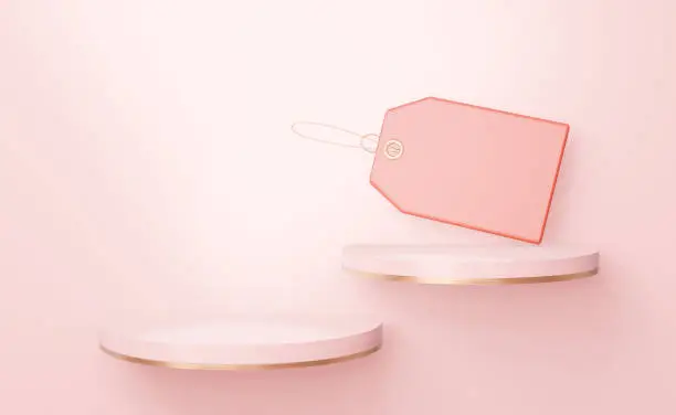 Photo of Two elegant round pink shelves with an empty label. For inserting shoes, bags and other goods. 3d rendering