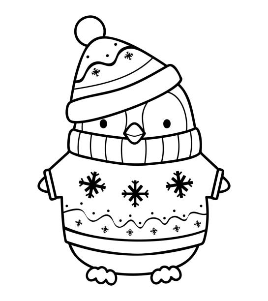 ilustraciones, imágenes clip art, dibujos animados e iconos de stock de libro o página para colorear de navidad. pingüino de navidad ilustración vectorial en blanco y negro - pingüino