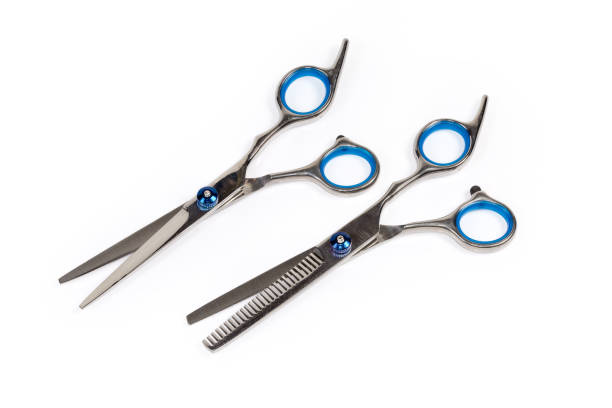 istock Two different professional stainless steel hair scissors on white background 1347192386
