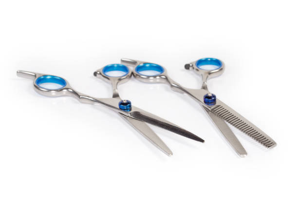 istock Two different professional stainless steel hair scissors, in selective focus 1347192401