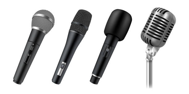 Set of realistic microphones for stage, vocal, karaoke or public speech. Modern audio equipment Set of realistic microphones for stage, vocal, karaoke or public speech isolated on white background. Modern and vintage audio equipment. 3d vector illustration microphone stock illustrations