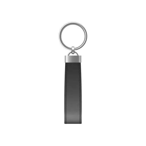 Vector illustration of Leather keychain, holder trinket for key with metal ring. Realistic template of black fob for home