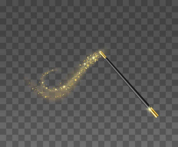 Magic wand with magical sparkle glitter trail. Wizard stick with fairy miracle light vector art illustration