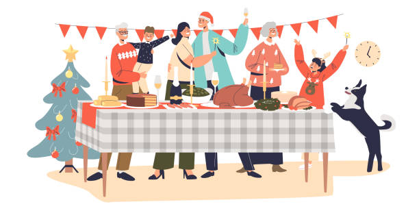 Happy family celebrate christmas gathering together at decorated table for holiday dinner Happy family celebrate christmas gathering together at decorated table for holiday dinner. Grandparents, parents and kids on xmas eve or new year. Cartoon flat vector illustration christmas family party stock illustrations