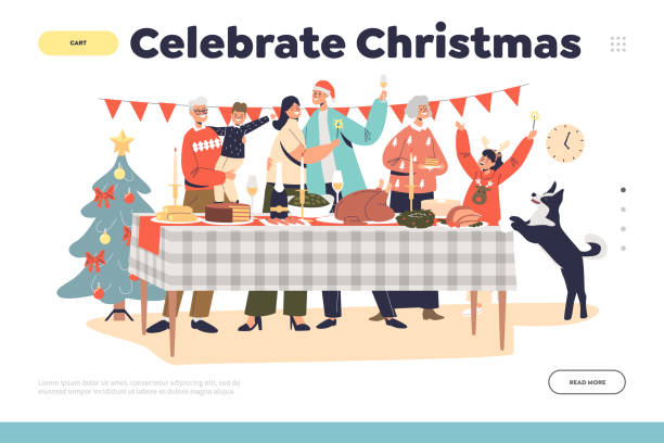 illustrazioni stock, clip art, cartoni animati e icone di tendenza di celebra il concetto natalizio di landing page con una felice riunione di famiglia al tavolo decorato - christmas home
