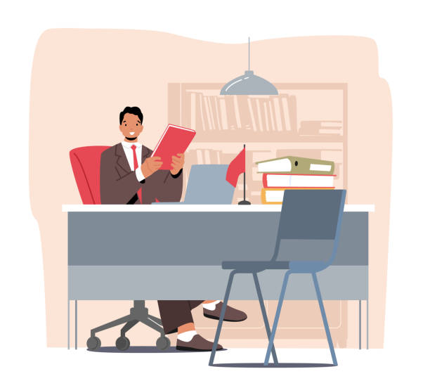 Male Bank Worker Sitting at Table Workplace Holding Folder in Hands. Banking Assistant, Service Providing to Customers Male Bank Worker Sitting at Table Workplace Holding Folder in Hands. Banking Assistant, Service Providing to Customers, Accountant or Lawyer Office Department. Cartoon People Vector Illustration cartoon of rich man stock illustrations