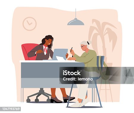 istock Senior Female Client Character Talking to Manager or Analysts of Credit Department in Bank Office, Banking Services 1347193769