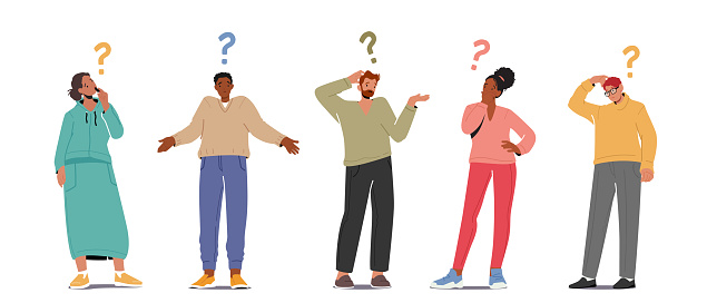 Set of People Asking Questions, Searching Information, Male and Female Characters with Question Marks over Head. Students and Businesspeople Mental Research, Curiosity. Cartoon Vector Illustration