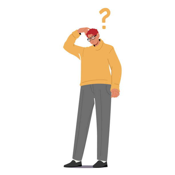 ilustrações de stock, clip art, desenhos animados e ícones de young man scratching head with question mark above head isolated on white background. male character thinking, asking - pensive question mark teenager adversity