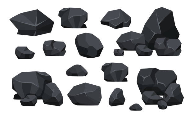 ilustrações, clipart, desenhos animados e ícones de conjunto de recursos minerais negros de carvão. pedaços de pedra fóssil de formas poligonais, grafite de rocha ou carvão. recurso energético - bumpy