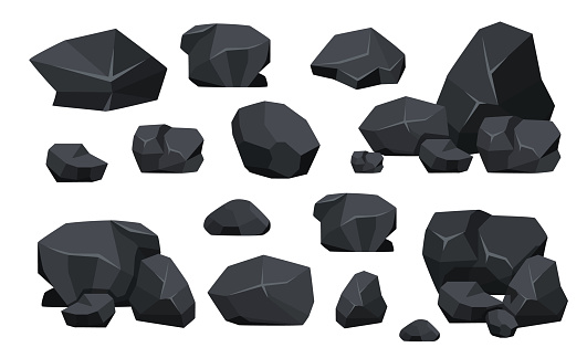 Set of Coal Black Mineral Resources. Fossil Stone Pieces of Polygonal Shapes, Rock of Graphite or Charcoal. Energy Resource Charcoal Icons Collection Isolated on White Background. Vector Illustration