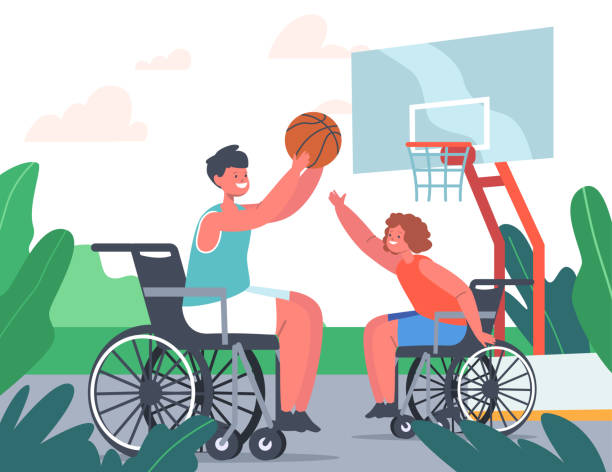 illustrazioni stock, clip art, cartoni animati e icone di tendenza di coppia di bambini disabili paralizzati che giocano a basket seduti su sedie a rotelle, atleti che si allenano, bambini disabili - basket su sedia a rotelle