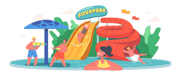 아쿠아파크의 아이들, 워터 어트랙션이 있는 놀이 아쿠아 파크, 어린이 소녀 또는 소년 승마 슬라이드 및 수영장에서 수영 - swimming pool child water park inflatable stock illustrations