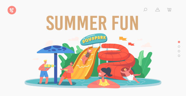 ilustraciones, imágenes clip art, dibujos animados e iconos de stock de plantilla de página de destino de summer fun. personajes infantiles en aquapark, parque acuático de atracciones con atracciones acuáticas para niños - inflatable child playground leisure games