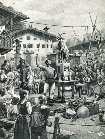 Circus performer acting on marketplace at bavarian village 1897
Original edition from my own archives
Source : Illustrierte Welt 1897
Drawing : E. herger