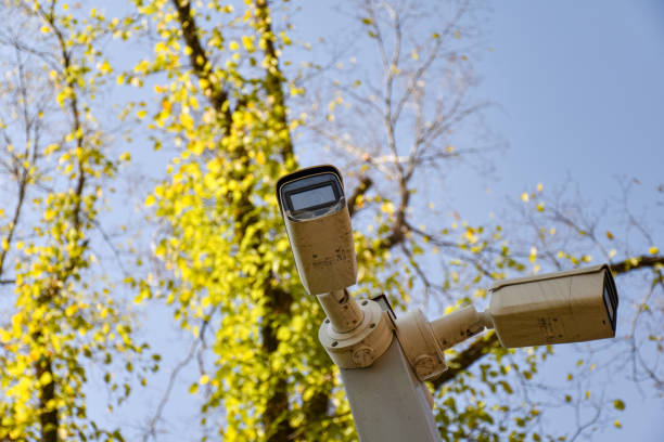 istock Security system of outdoor video surveillance, CCTV Security Camera on outdoors background 1347195060