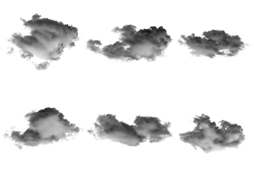 Set of isolated clouds on white background.