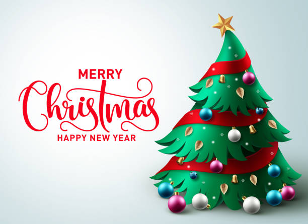 christmas tree vector background design. merry christmas greeting text in empty space with pine tree element - christmas tree 幅插畫檔、美工圖案、卡通及圖標