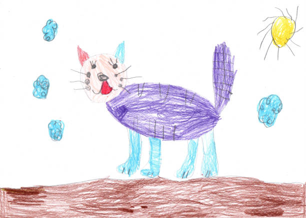 kinderzeichnung einer katze auf einem spaziergang. bleistiftkunst im kindlichen stil - kinderzeichnung stock-grafiken, -clipart, -cartoons und -symbole