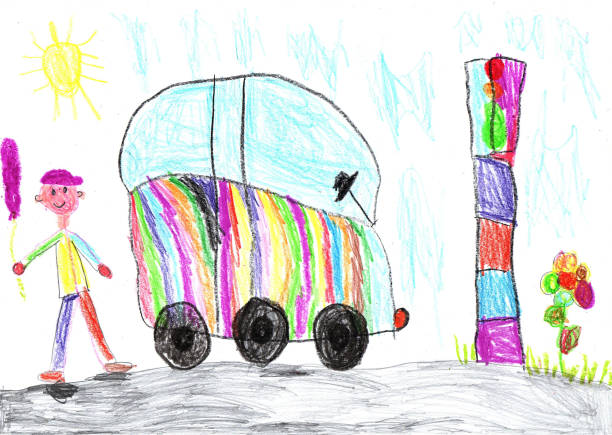 istock Child's drawing of a happy boy for a walk outdoors and a car 1347196517