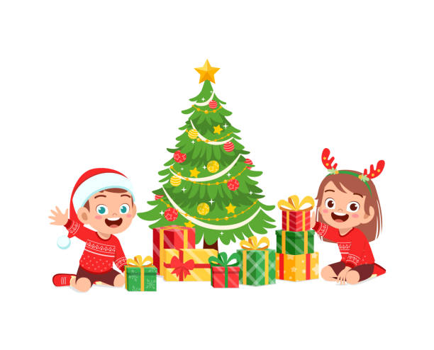 Niños Feliz Abriendo Regalos De Navidad Vectores Libres de Derechos - iStock