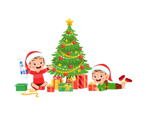 illustrazioni stock, clip art, cartoni animati e icone di tendenza di bambino e bambina felici che tengono il regalo per natale - christmas child