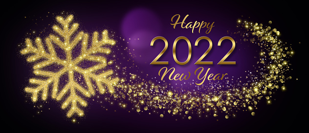 Snowflake With Flowing Golden Glitter In Abstract Purple Background And Happy 2022 New Year Text