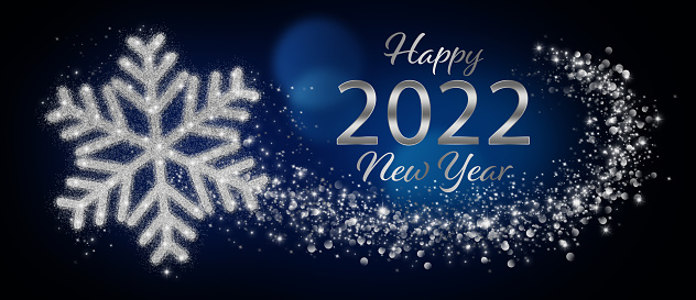 Snowflake With Silver Glitter Flowing In Abstract Blue Background And Happy 2022 New Year Text