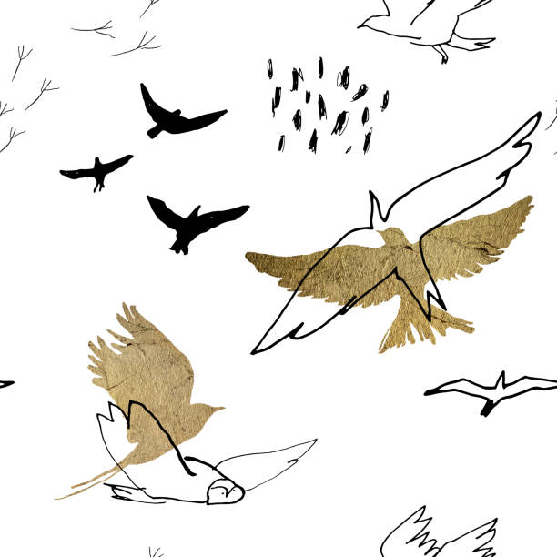 Hand-drawn artistic seamless pattern with birds vector art illustration