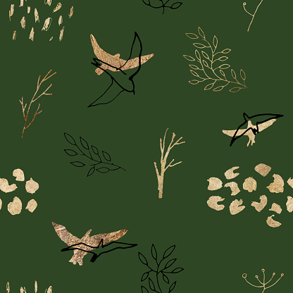 Seamless pattern with hand-drawn golden and linear birds, plants and graphic linear elements. Artistic abstract background with birds silhouettes on green backdrop.