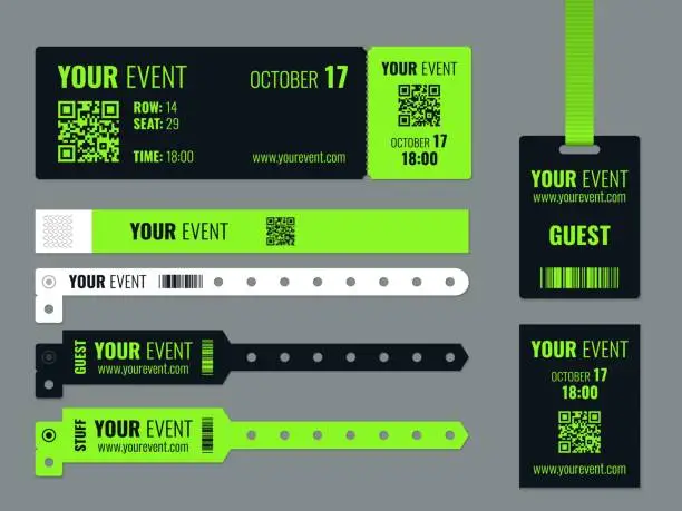 Vector illustration of Event access control. Realistic wrist tags mockup, corporate entry tickets templates, festivals, party pass visitors accreditation, participant badge and bracelet blank, vector isolated set