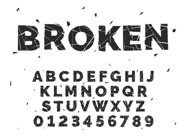 Broken alphabet. Crash font, capital latin letters and numbers, crack style english abc, smashed fragments, text design, chopped type, glass or ice pieces, black silhouette vector isolated set Broken alphabet. Crash font, capital latin letters and numbers, crack style english abc, smashed fragments, text design, chopped type, glass or ice pieces, black silhouettes, vector flat isolated set broke stock illustrations