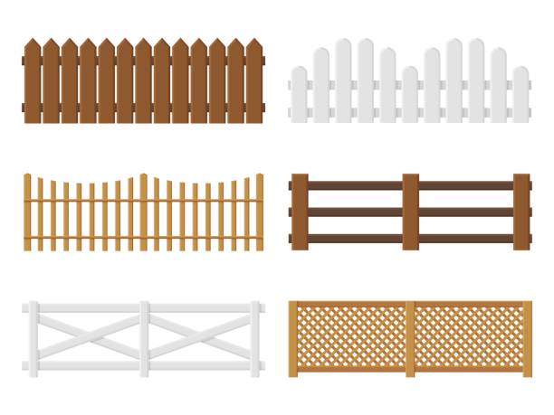 Wooden fences. Flat farm barriers and border walls. Country planks fencing templates. Different types yard railings. Ranch enclosures. Garden protection elements. Vector boundaries set Wooden fences. Flat farm barriers and border walls. Country planks fencing templates. Different types yard railings. Modern ranch enclosures. Garden protection elements mockup. Vector boundaries set fence stock illustrations