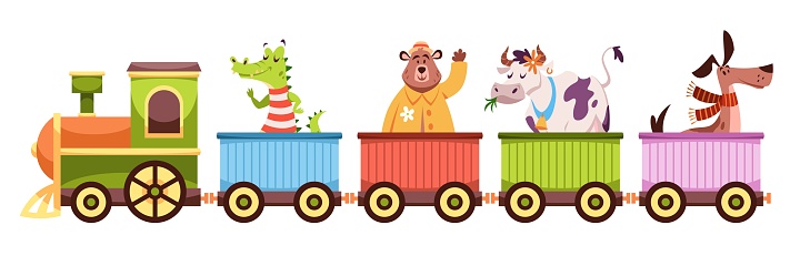 Animals wagon. Happy crocodile and bear, cow and dog ride in colorful train, little passengers in bright locomotive and wagons, horizontal baby poster, vector cartoon flat style isolated illustration