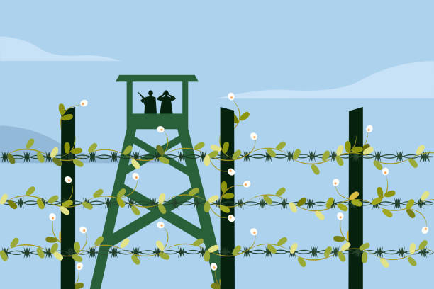 концептуальная иллюстрация цветущих цветов на заборе из колючей проволоки на границе страны - outpost stock illustrations