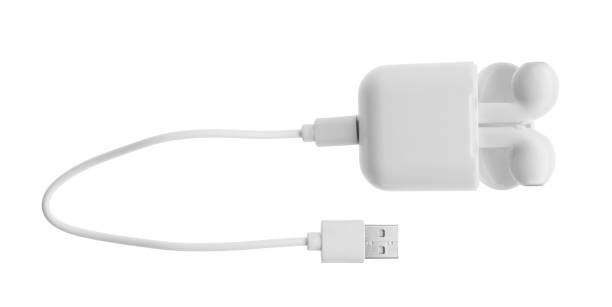istock USB charge cable and wireless earphones on white background. Modern technology 1347207421