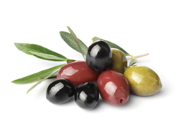 istock Green, red and black olives isolated on white background 1347207943