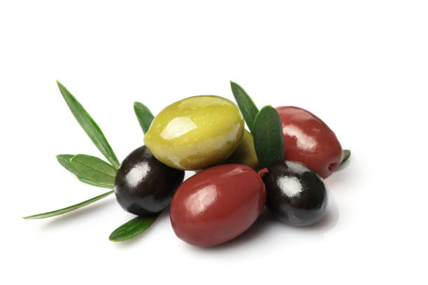 istock Green, red and black olives isolated on white background 1347207959