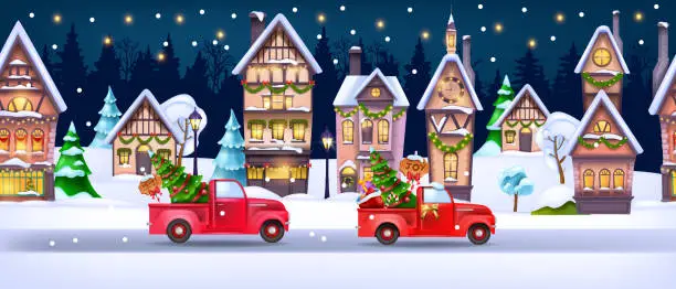 Vector illustration of Christmas winter house landscape, vector x-mas holiday snow town seamless background, red truck, road.