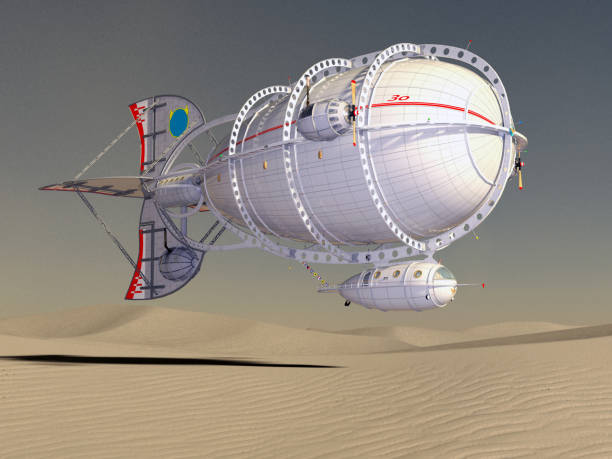 istock Fantasy airship over a desert landscape 1347208332