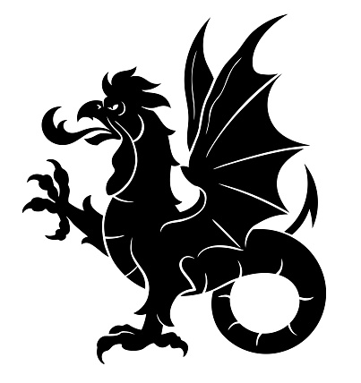 Black vector heraldic basilisk or cockatrice on the white background.