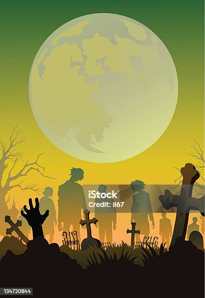 A Vector Illustration Of A Cemetery On Halloween Stock Illustration - Download Image Now - Zombie, Halloween, Backgrounds